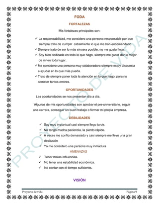 Proyecto de vida Página 9
FODA
FORTALEZAS
Mis fortalezas principales son:
 La responsabilidad, me considero una persona responsable por que
siempre trato de cumplir cabalmente lo que me han encomendado.
Siempre trato de ser lo más sincera posible, no me gusta fingir.
 Soy bien dedicada en todo lo que hago, siempre me gusta dar lo mejor
de mí en todo lugar.
Me considero una persona muy colaboradora siempre estoy dispuesta
a ayudar en lo que más pueda.
Trato de siempre poner toda la atención en lo que hago; para no
cometer tantos errores.
OPORTUNIDADES
Las oportunidades se nos presentan día a día.
Algunas de mis oportunidades son aprobar el pre-universitario, seguir
una carrera, conseguir un buen trabajo o formar mi propia empresa.
DEBILIDADES
 Soy muy impuntual casi siempre llego tarde.
 No tengo mucha paciencia, la pierdo rápido.
 A veces me confío demasiado y casi siempre me llevo una gran
desilusión
 Yo me considero una persona muy inmadura
AMENAZAS
 Tener malas influencias.
 No tener una estabilidad económica.
 No contar con el tiempo suficiente.
VISIÓN
 