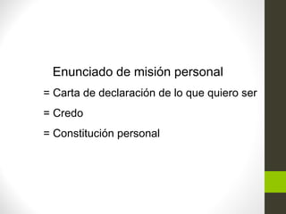 Enunciado de misión personal
= Carta de declaración de lo que quiero ser
= Credo
= Constitución personal
 