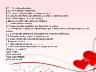 4.2.1. Es posible el cambio.
4.2.2. Es Factible el desarrollo.
4.2.3. No es posible cambiar: Justifique porque.
4.3 Organice la información obtenida y escriba un párrafo positivo.
4.4 Cual será el plan de acción a seguir.
5. Quien seré (convertir sueños en realidad)
5.1. Cuáles son mis sueños.
5.2. Cuáles son las realidades que favorecen mi sueño.
5.3. Como puedo superar los impedimentos que la realidad me plantea para realizar mis
sueños.
5.4. Como puedo potenciar o enriquecer mis condiciones familiares.
5.5. Como sé que logre realizar lo que quería.
5.6. Cuáles serán las opciones derivadas a seguir.
6. Programa de Vida.
6.1. Propósito de mi vida es……………
6.2. Analizo mi realidad para realizar el plan de acción:
¿Cuál es mi realidad?
¿Qué tengo?
¿Qué Necesito?
¿Qué puedo Hacer?
¿Qué voy hacer?
 
