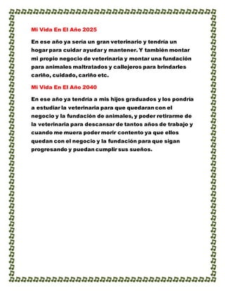 Mi Vida En El Año 2025
En ese año ya sería un gran veterinario y tendría un
hogar para cuidar ayudar y mantener. Y también montar
mi propio negocio de veterinaria y montar una fundación
para animales maltratados y callejeros para brindarles
cariño, cuidado, cariño etc.
Mi Vida En El Año 2040
En ese año ya tendría a mis hijos graduados y los pondría
a estudiar la veterinaria para que quedaran con el
negocio y la fundación de animales, y poder retirarme de
la veterinaria para descansar de tantos años de trabajo y
cuando me muera poder morir contento ya que ellos
quedan con el negocio y la fundación para que sigan
progresando y puedan cumplir sus sueños.
 