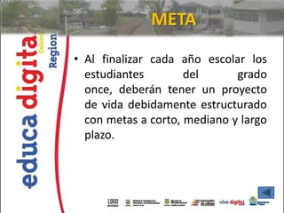 META

• Al finalizar cada año escolar los
  estudiantes        del      grado
  once, deberán tener un proyecto
  de vida debidamente estructurado
  con metas a corto, mediano y largo
  plazo.
 