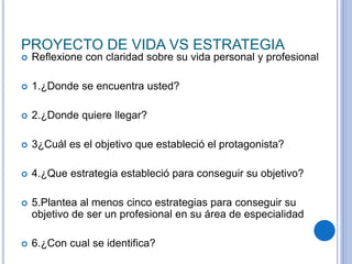 PROYECTO DE VIDA VS ESTRATEGIA 
 Reflexione con claridad sobre su vida personal y profesional 
 1.¿Donde se encuentra usted? 
 2.¿Donde quiere llegar? 
 3¿Cuál es el objetivo que estableció el protagonista? 
 4.¿Que estrategia estableció para conseguir su objetivo? 
 5.Plantea al menos cinco estrategias para conseguir su 
objetivo de ser un profesional en su área de especialidad 
 6.¿Con cual se identifica? 
 