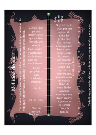 MiLíneadeVida
Hoy,
enmi
Vida
Trazaunalíneahorizontalymarcalosmomentosmásimportantesentu
vidaquehanformadotucarácterylapersonaqueeresahora..
Cadalíneapequeña,debecontenerdoscosaselañoyelsuceso.
Nací en
Nací en
necocli.
04 -11-1989
Con fe
Co un
propósito s
ante
cualquier
obstáculo
Con sueños
y actitudes
de defensas
para mi
crecimiento.
Viendo unos
padres
maravillosos
que me han
formado con
valores
Soy feliz ante
todo, por que
a pesar de
todos los
problemas
hay muchas
cosas que nos
hacen creer,
soñar , tener
fe , contar
con aquellas
personas que
algún día
dejaron de
creer en uno,
también tener
un mundo
lleno de
cosas lindas
aquellas
cosas que nos
hacen creer y
superarnon
se llaman
Dio y la
familia
Calificatulínea.
()()()()()()()()()()()()()()()()()()()()
 