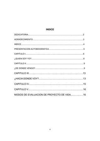 4
INDICE
DEDICATORIA..................................................................................................2
AGRADECIMIENTO..........................................................................................3
INDICE...............................................................................................................4
PRESENTACION AUTOBIOGRAFICA..............................................................5
CAPITULO I.......................................................................................................6
¿QUIEN SOY YO?.............................................................................................6
CAPITULO II.......................................................................................................9
¿DE DONDE VENGO?.......................................................................................9
CAPITULO III...................................................................................13
¿HACIA DONDE VOY?....................................................................13
CAPITULO IV...................................................................................15
CAPITULO V....................................................................................16
MODOS DE EVALUACION DE PROYECTO DE VIDA...................16
 