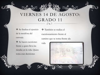  Se finaliza el ejercicio
de la metáfora del
carruaje.
 Se hacen cuestiones
frente a quien lleva las
riendas en la vida. Quien
toma esas decisiones
VIERNES 14 DE AGOSTO:
GRADO 11
 También se realiza el
cuestionamiento frente al
camino que se toma frente ala
vida
 