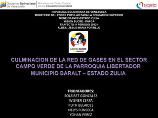 REPÚBLICA BOLIVARIANA DE VENEZUELA
MINISTERIO DEL PODER POPULAR PARA LA EDUCACION SUPERIOR
                MENE GRANDE-ESTADO ZULIA
                   MISION SUCRE - PNFGA
                 TRAYECTO I-I PERIODO 2012-I
               ALDEA: JESUS MARIA PORTILLO




                    TRIUNFADORES:
                  SOLZIRET GONZALEZ
                     WISNER ZERPA
                    RUTH BELAIDES
                    NELYS FONSECA
                     YOHAN PEREZ
 