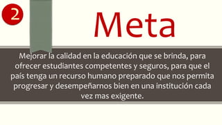 Meta2
Mejorar la calidad en la educación que se brinda, para
ofrecer estudiantes competentes y seguros, para que el
país tenga un recurso humano preparado que nos permita
progresar y desempeñarnos bien en una institución cada
vez mas exigente.
 