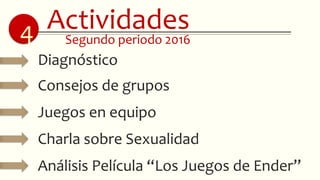 Actividades4
Diagnóstico
Consejos de grupos
Juegos en equipo
Charla sobre Sexualidad
Análisis Película “Los Juegos de Ender”
Segundo periodo 2016
 