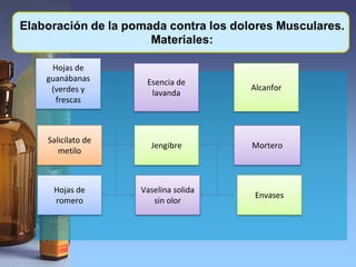Hojas de
guanábanas       Esencia de
 (verdes y                        Alcanfor
                  lavanda
  frescas



Salicilato de
                  Jengibre        Mortero
   metilo



 Hojas de       Vaselina solida
                                   Envases
 romero            sin olor
 