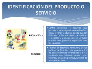 RESULTADOS DEL ESTUDIO DE MERCADO
     (ANÁLISIS DE LA DEMANDA)
      Vecinos y público general de las comunidades adyacentes, con
      necesidades recreativas en un ambiente privado.


      Profesionales que requieren de un espacio que les ofrezca los
      beneficios que se obtienen de la sana recreación y la práctica
      del deporte.

      Comerciantes que desean acceder a los servicios que presta el
      centro recreativo.

      Trabajadores formales como informales , que tienen la
      posibilidad de brindar recreación y esparcimiento a sus familias
      accediendo al centro recreativo.

      Estudiantes, niños/as, adolescentes y adultos que tienen la
      posibilidad de practicar algún deporte que brinda el centro
      recreativo
 