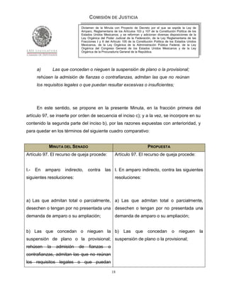 COMISIÓN DE JUSTICIA
                              Dictamen de la Minuta con Proyecto de Decreto por el que se expide la Ley de
                              Amparo, Reglamentaria de los Artículos 103 y 107 de la Constitución Política de los
                              Estados Unidos Mexicanos; y se reforman y adicionan diversas disposiciones de la
                              Ley Orgánica del Poder Judicial de la Federación, de la Ley Reglamentaria de las
                              Fracciones I y II del Artículo 105 de la Constitución Política de los Estados Unidos
                              Mexicanos, de la Ley Orgánica de la Administración Pública Federal, de la Ley
                              Orgánica del Congreso General de los Estados Unidos Mexicanos y de la Ley
                              Orgánica de la Procuraduría General de la República.




      a)        Las que concedan o nieguen la suspensión de plano o la provisional;
      rehúsen la admisión de fianzas o contrafianzas, admitan las que no reúnan
      los requisitos legales o que puedan resultar excesivas o insuficientes;




      En este sentido, se propone en la presente Minuta, en la fracción primera del
artículo 97, se inserte por orden de secuencia el inciso c); y a la vez, se incorpore en su
contenido la segunda parte del inciso b), por las razones expuestas con anterioridad, y
para quedar en los términos del siguiente cuadro comparativo:


            MINUTA DEL SENADO                                                 PROPUESTA
Artículo 97. El recurso de queja procede:             Artículo 97. El recurso de queja procede:


I.-   En   amparo     indirecto,   contra      las I. En amparo indirecto, contra las siguientes
siguientes resoluciones:                              resoluciones:




a) Las que admitan total o parcialmente, a) Las que admitan total o parcialmente,
desechen o tengan por no presentada una desechen o tengan por no presentada una
demanda de amparo o su ampliación;                    demanda de amparo o su ampliación;


b) Las que concedan o nieguen la b)                         Las      que      concedan          o    nieguen         la
suspensión de plano o la provisional; suspensión de plano o la provisional;
rehúsen    la    admisión    de    fianzas       o
contrafianzas, admitan las que no reúnan
los requisitos legales o que puedan

                                                     18
 
