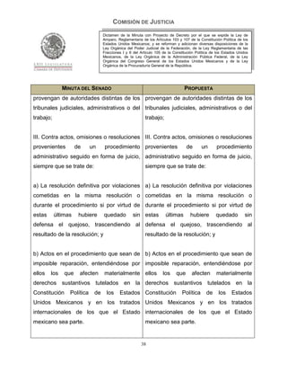 COMISIÓN DE JUSTICIA
                                  Dictamen de la Minuta con Proyecto de Decreto por el que se expide la Ley de
                                  Amparo, Reglamentaria de los Artículos 103 y 107 de la Constitución Política de los
                                  Estados Unidos Mexicanos; y se reforman y adicionan diversas disposiciones de la
                                  Ley Orgánica del Poder Judicial de la Federación, de la Ley Reglamentaria de las
                                  Fracciones I y II del Artículo 105 de la Constitución Política de los Estados Unidos
                                  Mexicanos, de la Ley Orgánica de la Administración Pública Federal, de la Ley
                                  Orgánica del Congreso General de los Estados Unidos Mexicanos y de la Ley
                                  Orgánica de la Procuraduría General de la República.




              MINUTA DEL SENADO                                                  PROPUESTA
provengan de autoridades distintas de los provengan de autoridades distintas de los
tribunales judiciales, administrativos o del tribunales judiciales, administrativos o del
trabajo;                                                  trabajo;


III. Contra actos, omisiones o resoluciones III. Contra actos, omisiones o resoluciones
provenientes         de     un     procedimiento provenientes                     de       un      procedimiento
administrativo seguido en forma de juicio, administrativo seguido en forma de juicio,
siempre que se trate de:                                  siempre que se trate de:


a) La resolución definitiva por violaciones a) La resolución definitiva por violaciones
cometidas en la misma resolución o cometidas en la misma resolución o
durante el procedimiento si por virtud de durante el procedimiento si por virtud de
estas      últimas    hubiere     quedado          sin estas          últimas       hubiere        quedado          sin
defensa el quejoso, trascendiendo al defensa el quejoso, trascendiendo al
resultado de la resolución; y                             resultado de la resolución; y


b) Actos en el procedimiento que sean de b) Actos en el procedimiento que sean de
imposible reparación, entendiéndose por imposible reparación, entendiéndose por
ellos   los    que    afecten     materialmente ellos               los     que      afecten       materialmente
derechos sustantivos tutelados en la derechos sustantivos tutelados en la
Constitución     Política    de     los    Estados Constitución                Política      de     los     Estados
Unidos Mexicanos y en los tratados Unidos Mexicanos y en los tratados
internacionales de los que el Estado internacionales de los que el Estado
mexicano sea parte.                                       mexicano sea parte.


                                                        38
 