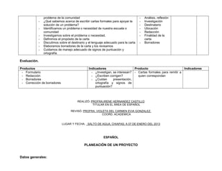 problema de la comunidad                                              -   Análisis, reflexión
            -   ¿Qué sabemos acerca de escribir cartas formales para apoyar la        -   Investigación
                solución de un problema?                                              -   Destinatario
            -   Identificamos un problema o necesidad de nuestra escuela o            -   Ubicación
                comunidad                                                             -   Redacción
            -   Investigamos sobre el problema o necesidad,                           -   Finalidad de la
            -   Definimos el propósito de la carta                                        carta
            -   Discutimos sobre el destinario y el lenguaje adecuado para la carta   -   Borradores
            -   Elaboramos borradores de la carta y los revisamos
            -   Cuidamos de manejo adecuado de signos de puntuación y
                ortografía.

Evaluación.

Productos                                        Indicadores                    Producto                         Indicadores
 - Formulario                                      - ¿Investigan, se interesan? - Cartas formales para remitir a
 - Redacción                                       - ¿Escriben corrigen?          quien correspondan
 - Borradores                                      - ¿Cuidan      presentación,
 - Corrección de borradores                           ortografía y signos de
                                                      puntuación?



                                        REALIZÓ: PROFRA.IRENE HERNANDEZ CASTILLO
                                                  TITULAR EN EL ÁREA DE ESPAÑOL

                                   REVISÓ: PROFRA. VIOLETA DEL CARMEN EVIA GONZALEZ.
                                                       COORD. ACADEMICA


                              LUGAR Y FECHA: SALTO DE AGUA, CHIAPAS; A 07 DE ENERO DEL 2013



                                                           ESPAÑOL

                                             PLANEACIÓN DE UN PROYECTO


Datos generales:
 