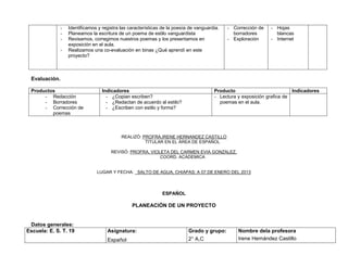 -   Identificamos y registra las características de la poesía de vanguardia.   - Corrección de   - Hojas
              -   Planeamos la escritura de un poema de estilo vanguardista                    borradores        blancas
              -   Revisamos, corregimos nuestros poemas y los presentamos en                 - Exploración     - Internet
                  exposición en el aula.
              -   Realizamos una co-evaluación en binas ¿Qué aprendí en este
                  proyecto?



 Evaluación.

 Productos                        Indicadores                                          Producto                          Indicadores
      - Redacción                   - ¿Copian escriben?                                - Lectura y exposición grafica de
      - Borradores                  - ¿Redactan de acuerdo al estilo?                    poemas en el aula.
      - Corrección de               - ¿Escriben con estilo y forma?
         poemas



                                           REALIZÓ: PROFRA.IRENE HERNANDEZ CASTILLO
                                                     TITULAR EN EL ÁREA DE ESPAÑOL

                                      REVISÓ: PROFRA. VIOLETA DEL CARMEN EVIA GONZALEZ.
                                                          COORD. ACADEMICA


                               LUGAR Y FECHA: SALTO DE AGUA, CHIAPAS; A 07 DE ENERO DEL 2013



                                                              ESPAÑOL

                                                PLANEACIÓN DE UN PROYECTO


 Datos generales:
Escuela: E. S. T. 19                Asignatura:                            Grado y grupo:        Nombre dela profesora
                                    Español                                2° A,C                Irene Hernández Castillo
 