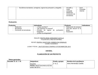 -   Escribimos borradores, corregimos, signos de puntuación y ortografía.       de estilo y         bond
                                                                                              modo            -   Consultar
                                                                                          -   Lenguaje            internet
                                                                                          -   Redacción
                                                                                          -   Corrección de
                                                                                              borradores



 Evaluación.

 Productos                                Indicadores                                     Producto                   Indicadores
      - Redacción                           - ¿Todos escriben?                            - Elaboración de ensayos
      - Borradores                          - ¿Se interesan en el tema?                     para leer discutir en el
      - Corrección de borradores            - ¿Cuidan de signos de            puntuación,   grupo
                                               ortografía?                                - Exposición.
                                            - ¿Evitan la ambigüedad?


                                          REALIZÓ: PROFRA.IRENE HERNANDEZ CASTILLO
                                                    TITULAR EN EL ÁREA DE ESPAÑOL

                                     REVISÓ: PROFRA. VIOLETA DEL CARMEN EVIA GONZALEZ.
                                                         COORD. ACADEMICA

                               LUGAR Y FECHA: SALTO DE AGUA, CHIAPAS; A 07 DE ENERO DEL 2013


                                                             ESPAÑOL

                                               PLANEACIÓN DE UN PROYECTO


 Datos generales:
Escuela: E. S. T. 19               Asignatura:                           Grado y grupo:        Nombre de la profesora
                                   Español                         2° A, C                     Irene Hernández Castillo
                                   Fecha: Del 07 de enero al 22 de
                                   enero del 2013
 