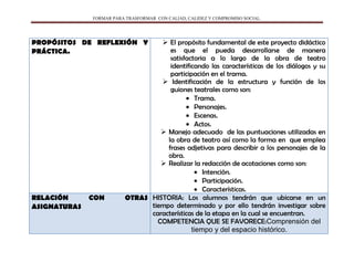 FORMAR PARA TRASFORMAR CON CALIAD, CALIDEZ Y COMPROMISO SOCIAL.
PROPÓSITOS DE REFLEXIÓN Y
PRÁCTICA.
 El propósito fundamental de este proyecto didáctico
es que el pueda desarrollarse de manera
satisfactoria a lo largo de la obra de teatro
identificando las características de los diálogos y su
participación en el trama.
 Identificación de la estructura y función de los
guiones teatrales como son:
Trama.
Personajes.
Escenas.
Actos.
 Manejo adecuado de las puntuaciones utilizadas en
la obra de teatro así como la forma en que emplea
frases adjetivas para describir a los personajes de la
obra.
 Realizar la redacción de acotaciones como son:
Intención.
Participación.
Características.
RELACIÓN CON OTRAS
ASIGNATURAS
HISTORIA: Los alumnos tendrán que ubicarse en un
tiempo determinado y por ello tendrán investigar sobre
características de la etapa en la cual se encuentran.
COMPETENCIA QUE SE FAVORECE:Comprensión del
tiempo y del espacio histórico.
 