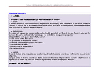 FORMAR PARA TRASFORMAR CON CALIAD, CALIDEZ Y COMPROMISO SOCIAL.
SECUENCIA DIDÁCTICA
 LUNES.
1.- IDENTIFICACIÓN DE LOS PERSONAJES PRINCIPALES EN EL CUENTO.
INICIO.
El docente entrará al salón caracterizado del personaje de Pinocho y dará comienzo a la lectura del cuento de
Pinocho. Al concluir con la lectura brindará la oportunidad de que los alumnos puedan compartir brevemente
de lo que trató el cuento que leyeron en casa.
DESARROLLO.
Se realizara 5 equipos de trabajo, cada equipo tendrá que elegir un libro de los que fueron traídos por los
alumnos, del cual se realizara lectura en equipo y se contestarán las siguientes preguntas:
¿Etapa histórica en la que se desarrolla tu cuento?
¿Cuáles son las partes del cuento?
¿En que lugares se desarrolla el cuento?
¿Quién es el personaje protagonista del cuento?
¿Qué características tiene?
¿Qué personajes es el antagónico?
¿Cómo es su carácter?
CIERRE.
Se dará lectura a las respuestas de los alumnos, al final el docente tendrá que reafirmar los conocimientos
adquiridos.
De igual forma el docente tendrá que darles a conocer el nombre del proyecto así como los objetivos que se
esperan con el mismo y el producto final que se presentará al concluir el proyecto didáctico.
TIEMPO: 1 hrs. 30 minutos.
 