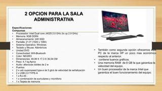 2 OPCION PARA LA SALA
ADMINISTRATIVA
Especificaciones:
Compumax
• Procesador: Intel Dual core J4025 2.0 GHz (to up 2.9 GHz)
• Memoria: 8GB DDR4
• Almacenamiento: 240 SSD
• Pantalla: 21.5" (1920 x 1080)
• Sistema Operativo: Windows
• Teclado y Mouse: Alámbricos
• Unidad DVD
• Conectividad: Wifi-Bluetooth
• Color: NEGRO
• Dimensiones: 48,99 X 17,3 X 36,54 CM
• Peso: 4,1 kg Aprox
• Audio: altavoces dobles de 2 w
• Puertos:
• 2 x usb superspeed type-a de 5 gb/s de velocidad de señalización
• 2 x USB 2.0 TYPE-A
• 1 x RJ-45
• 1 x combinación de auriculares y micrófono
• 1 x Tarjeta de memoria
• También como segunda opción ofrecemos este
PC de la marca HP un poco mas económico
respecto al anterior.
• contiene buenos gráficos.
• Una memoria RAM de 8 GB la que garantiza la
velocidad del equipo.
• Un buen procesador de la marca Intel que
garantiza el buen funcionamiento del equipo.
 