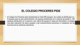 EL COLEGIO PROCERES PIDE
• El colegio los Proceres esta necesitando en total 205 equipos, los cuales se distribuyen en,
5 equipos para la sala administrativa, 40 equipos distribuidos en 2 salones de grado 6, 100
equipos distribuidos en 4 salones y por ultimo 60 equipos 2 salas de informática, el colegio
nos pide cotización de estos equipos y del mantenimiento preventivo e instalación de las
licencias de los sistemas operativos.
 