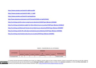 https://www.youtube.com/watch?v=AB9-wzvzZWI 
https://www.youtube.com/watch?v=lWC1_h_9w8Y 
https://www.youtube.com/watch?v=spvUpLgOmzw 
http://www.eduactiva.es/proyecto-red-37/iniciaci%C3%B3n-al-ingl%C3%A9s/ 
http://co.tiching.com/the-colours-song/recurso-educativa/110346?type=3&value=24356666 
http://co.tiching.com/website=english-for-little-chidren/recurso-ecucativo/7450?type=3&value=24358619 
http://co.tiching.com/flashcards-fnerator-de-esl-kids/recurso-educativo/65422?type=3&value=24358997 
http://co.tiching.com/let-39-s-talk-about-animals/secuencia-didactica/12107?type=3&value=24359601 
http://co.tiching.com/el-abuelo-educa/recurso-eucativo/3732?type=3&value=24359921 
ANEXO 1. DESCRIPCIÓN DE LAS ACTIVIDADES 
ACTIVIDADES 
SEMANAS 
09/2014 10/2014 11/2014 02/2015 
03- 
09/2015 
10/2015 11/2015 RESPONSABLE 
Formulación del X YESICA LILIANA 
Los autores de este documento manifiestan que el texto, las imágenes y demás anexos son de su propia creación o tienen la autorización para hacer uso de ellos. Además 
dan la autorización para que este documento se pueda descargar, distribuir y publicar siempre y cuando se les reconozca su autoría y se realice sin fines comerciales, de 
acuerdo con los términos de la Licencia Creative Commons By-Nc: http://creativecommons.org/licenses/by-nc/2.5/co/ 
 