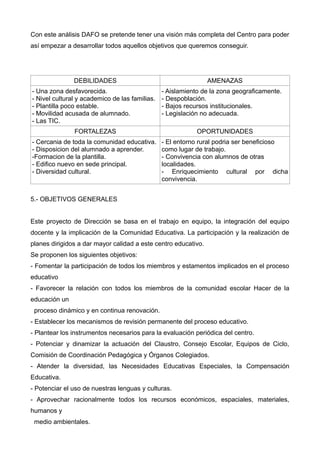 Con este análisis DAFO se pretende tener una visión más completa del Centro para poder
así empezar a desarrollar todos aquellos objetivos que queremos conseguir.
DEBILIDADES AMENAZAS
- Una zona desfavorecida.
- Nivel cultural y academico de las familias.
- Plantilla poco estable.
- Movilidad acusada de alumnado.
- Las TIC.
- Aislamiento de la zona geograficamente.
- Despoblación.
- Bajos recursos institucionales.
- Legislación no adecuada.
FORTALEZAS OPORTUNIDADES
- Cercania de toda la comunidad educativa.
- Disposicion del alumnado a aprender.
-Formacion de la plantilla.
- Edifico nuevo en sede principal.
- Diversidad cultural.
- El entorno rural podria ser beneficioso
como lugar de trabajo.
- Convivencia con alumnos de otras
localidades.
- Enriquecimiento cultural por dicha
convivencia.
5.- OBJETIVOS GENERALES
Este proyecto de Dirección se basa en el trabajo en equipo, la integración del equipo
docente y la implicación de la Comunidad Educativa. La participación y la realización de
planes dirigidos a dar mayor calidad a este centro educativo.
Se proponen los siguientes objetivos:
- Fomentar la participación de todos los miembros y estamentos implicados en el proceso
educativo
- Favorecer la relación con todos los miembros de la comunidad escolar Hacer de la
educación un
proceso dinámico y en continua renovación.
- Establecer los mecanismos de revisión permanente del proceso educativo.
- Plantear los instrumentos necesarios para la evaluación periódica del centro.
- Potenciar y dinamizar la actuación del Claustro, Consejo Escolar, Equipos de Ciclo,
Comisión de Coordinación Pedagógica y Órganos Colegiados.
- Atender la diversidad, las Necesidades Educativas Especiales, la Compensación
Educativa.
- Potenciar el uso de nuestras lenguas y culturas.
- Aprovechar racionalmente todos los recursos económicos, espaciales, materiales,
humanos y
medio ambientales.
 