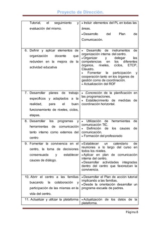 Proyecto de Dirección.
Página 8
Tutorial, el seguimiento y
evaluación del mismo.
 Incluir elementos del PL en todas las
áreas.
Desarrollo del Plan de
Comunicación.

6. Definir y aplicar elementos de
organización docente que
redunden en la mejora de la
actividad educativa
 Desarrollo de instrumentos de
organización interna del centro.
Organizar y delegar las
competencias en los diferentes
órganos, niveles, ciclos, ETCP,
Claustro.
 Fomentar la participación y
cooperación tanto en los órganos de
gestión como de coordinación.
 Actualización del ROF

7. Desarrollar planes de trabajo
específicos y adaptados a la
realidad, para el buen
funcionamiento de niveles, ciclos,
etapas.
 .Concreción de la planificación en
las programaciones.
 Establecimiento de medidas de
coordinación horizontal.

8. Desarrollar los programas y
herramientas de comunicación
tanto interno como externos del
centro
 Utilización de herramientas de
comunicación TIC.
 Definición de los cauces de
comunicación.
 Formación del profesorado
9. Fomentar la convivencia en el
centro, la toma de decisiones
consensuada y establecer
cauces de diálogo.
Establecer un calendario de
reuniones a lo largo del curso en
todos los niveles.
Aplicar en plan de comunicación
interna del centro.
Desarrollar actividades integradas
dentro del centro que favorezcan la
convivencia.

10. Abrir el centro a las familias
buscando la colaboración y
participación de las mismas en la
vida del centro.
Desarrollar el Plan de acción tutorial
implicando a las familias.
Desde la orientación desarrollar un
programa escuela de padres.

11. Actualizar y utilizar la plataforma Actualización de los datos de la
plataforma.
 