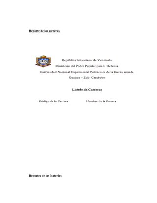 Reporte de las carreras




Reportes de las Materias
 
