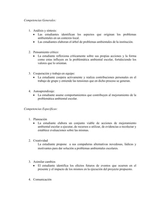 Competencias Generales:


   1. Análisis y síntesis:
         Las estudiantes identifican los aspectos que originan los problemas
         ambientales en un contexto local.
         Las estudiantes elaboran el árbol de problemas ambientales de la institución.


   2. Pensamiento crítico:
         La estudiante reflexiona críticamente sobre sus propias acciones y la forma
         como estas influyen en la problemática ambiental escolar, fortaleciendo los
         valores que lo orientan.


   3. Cooperación y trabajo en equipo:
         La estudiante coopera activamente y realiza contribuciones personales en el
         trabajo de grupo y entiende las tensiones que en dicho proceso se generan.


   4. Autoaprendizaje:
         La estudiante asume comportamientos que contribuyen al mejoramiento de la
         problemática ambiental escolar.


Competencias Específicas:


   1. Planeación
         La estudiante elabora un conjunto viable de acciones de mejoramiento
         ambiental escolar a ejecutar, de recursos a utilizar, de evidencias a recolectar y
         establece evaluaciones sobre las mismas.


   2. Creatividad
         La estudiante propone a sus compañeras alternativas novedosas, lúdicas y
         motivantes para dar solución a problemas ambientales escolares.



   3. Asimilar cambios
         El estudiante identifica los efectos futuros de eventos que ocurren en el
         presente y el impacto de los mismos en la ejecución del proyecto propuesto.


   4. Comunicación
 