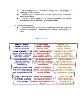 El estudiante proporciona la información clara y precisa, requerida para la
       elaboración de tareas conjuntas.
       El estudiante escucha atentamente a los demás y puede repetir lo expresado
       por las otras personas.
       El estudiante escribe de manera clara en diferentes contextos y sobre distintos
       temas asociados con las habilidades gerenciales estudiadas.


5. Pensamiento estratégico
      El estudiante describe las situaciones y perspectivas sobre una situación o
      conjunto de situaciones y elabora estrategias claras para proyectarlas en el
      futuro.



                                Matriz curricular
 