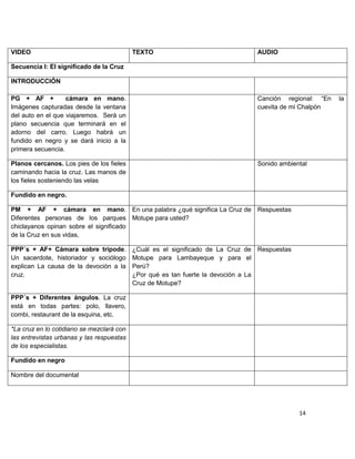 VIDEO                                      TEXTO                                AUDIO

Secuencia I: El significado de la Cruz

INTRODUCCIÓN

PG + AF +          cámara en mano.                                              Canción regional: “En   la
Imágenes capturadas desde la ventana                                            cuevita de mi Chalpón
del auto en el que viajaremos. Será un
plano secuencia que terminará en el
adorno del carro. Luego habrá un
fundido en negro y se dará inicio a la
primera secuencia.

Planos cercanos. Los pies de los fieles                                         Sonido ambiental
caminando hacia la cruz. Las manos de
los fieles sosteniendo las velas

Fundido en negro.

PM + AF + cámara en mano. En una palabra ¿qué significa La Cruz de Respuestas
Diferentes personas de los parques Motupe para usted?
chiclayanos opinan sobre el significado
de la Cruz en sus vidas,

PPP´s + AF+ Cámara sobre trípode.          ¿Cuál es el significado de La Cruz de Respuestas
Un sacerdote, historiador y sociólogo      Motupe para Lambayeque y para el
explican La causa de la devoción a la      Perú?
cruz.                                      ¿Por qué es tan fuerte la devoción a La
                                           Cruz de Motupe?

PPP´s + Diferentes ángulos. La cruz
está en todas partes: polo, llavero,
combi, restaurant de la esquina, etc.

*La cruz en lo cotidiano se mezclará con
las entrevistas urbanas y las respuestas
de los especialistas.

Fundido en negro

Nombre del documental




                                                                                              14
 