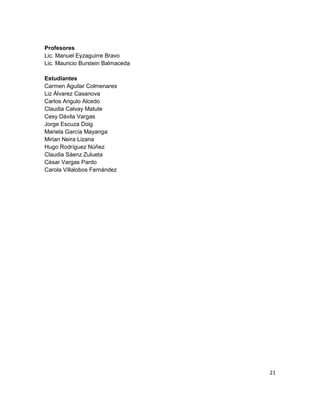 Profesores
Lic. Manuel Eyzaguirre Bravo
Lic. Mauricio Burstein Balmaceda

Estudiantes
Carmen Aguilar Colmenares
Liz Álvarez Casanova
Carlos Angulo Alcedo
Claudia Calvay Matute
Cesy Dávila Vargas
Jorge Escuza Doig
Mariela García Mayanga
Mirian Neira Lizana
Hugo Rodríguez Núñez
Claudia Sáenz Zulueta
César Vargas Pardo
Carola Villalobos Fernández




                                   21
 