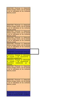 240201500 Promover la interacción
idónea consigo mismo, con los demás
y con la naturaleza en los contextos
laboral y social




240201500 Promover la interacción
idónea consigo mismo, con los demás
y con la naturaleza en los contextos
laboral y social
240201500 Promover la interacción
idónea consigo mismo, con los demás
y con la naturaleza en los contextos
laboral y social
240201500 Promover la interacción
idónea consigo mismo, con los demás
y con la naturaleza en los contextos
laboral y social
240201500 Promover la interacción
idónea consigo mismo, con los demás
y con la naturaleza en los contextos
laboral y social

240201501 Comprender textos en
 inglés en forma escrita y auditiva
210101013. Procesar la información
de acuerdo a las requisiciones y
parámetros establecidos
210101013. Procesar la información
de acuerdo a las requisiciones y
parámetros establecidos por la
empresa.
240201500 Promover la interacción
idónea consigo mismo, con los demás
y con la naturaleza en los contextos
laboral y social




240201500 Promover la interacción
idónea consigo mismo, con los demás
y con la naturaleza en los contextos
laboral y social




240201501 Comprender textos en
 inglés en forma escrita y auditiva
 