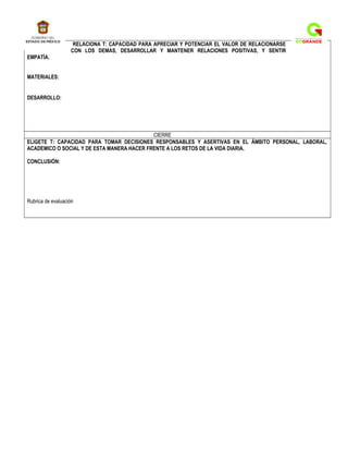 RELACIONA T: CAPACIDAD PARA APRECIAR Y POTENCIAR EL VALOR DE RELACIONARSE
CON LOS DEMAS, DESARROLLAR Y MANTENER RELACIONES POSITIVAS, Y SENTIR
EMPATÍA.
MATERIALES:
DESARROLLO:
CIERRE
ELIGETE T: CAPACIDAD PARA TOMAR DECISIONES RESPONSABLES Y ASERTIVAS EN EL ÁMBITO PERSONAL, LABORAL,
ACADEMICO O SOCIAL Y DE ESTA MANERA HACER FRENTE A LOS RETOS DE LA VIDA DIARIA.
CONCLUSIÒN:
Rubrica de evaluación
 