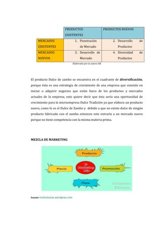 PRODUCTOS                             PRODUCTOS NUEVOS
                           EXISTENTES
     MERCADOS                         1. Penetración                  2. Desarrollo   de
     EXISTENTES                           de Mercado                     Productos
     MERCADOS                         3. Desarrollo de                4. Diversidad   de
     NUEVOS                               Mercado                        Productos
                                    Elaborado por la autora AR




El producto Dulce de zambo se encuentra en el cuadrante de diversificación,
porque ésta es una estrategia de crecimiento de una empresa que consiste en
iniciar o adquirir negocios que están fuera de los productos y mercados
actuales de la empresa, esto quiere decir que ésta sería una oportunidad de
crecimiento para la microempresa Dulce Tradición ya que elabora un producto
nuevo, como lo es el Dulce de Zambo y debido a que no existe dulce de ningún
producto fabricado con el zambo entonces este entraría a un mercado nuevo
porque no tiene competencia con la misma materia prima.




MEZCLA DE MARKETING




Fuente institutosise.wordpres.com
 
