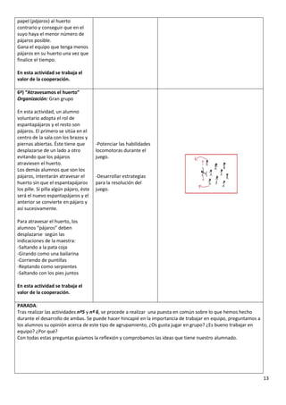 13
papel (pájaros) al huerto
contrario y conseguir que en el
suyo haya el menor número de
pájaros posible.
Gana el equipo que tenga menos
pájaros en su huerto una vez que
finalice el tiempo.
En esta actividad se trabaja el
valor de la cooperación.
6ª) “Atravesamos el huerto”
Organización: Gran grupo
En esta actividad, un alumno
voluntario adopta el rol de
espantapájaros y el resto son
pájaros. El primero se sitúa en el
centro de la sala con los brazos y
piernas abiertas. Éste tiene que
desplazarse de un lado a otro
evitando que los pájaros
atraviesen el huerto.
Los demás alumnos que son los
pájaros, intentarán atravesar el
huerto sin que el espantapájaros
los pille. Si pilla algún pájaro, éste
será el nuevo espantapájaros y el
anterior se convierte en pájaro y
así sucesivamente.
Para atravesar el huerto, los
alumnos “pájaros” deben
desplazarse según las
indicaciones de la maestra:
-Saltando a la pata coja
-Girando como una bailarina
-Corriendo de puntillas
-Reptando como serpientes
-Saltando con los pies juntos
En esta actividad se trabaja el
valor de la cooperación.
-Potenciar las habilidades
locomotoras durante el
juego.
-Desarrollar estrategias
para la resolución del
juego.
PARADA:
Tras realizar las actividades nº5 y nº 6, se procede a realizar una puesta en común sobre lo que hemos hecho
durante el desarrollo de ambas. Se puede hacer hincapié en la importancia de trabajar en equipo, preguntamos a
los alumnos su opinión acerca de este tipo de agrupamiento, ¿Os gusta jugar en grupo? ¿Es bueno trabajar en
equipo? ¿Por qué?
Con todas estas preguntas guiamos la reflexión y comprobamos las ideas que tiene nuestro alumnado.
 