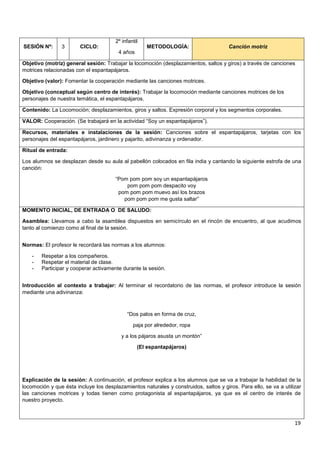 19
SESIÓN Nº: 3 CICLO:
2º infantil
4 años
METODOLOGÍA: Canción motriz
Objetivo (motriz) general sesión: Trabajar la locomoción (desplazamientos, saltos y giros) a través de canciones
motrices relacionadas con el espantapájaros.
Objetivo (valor): Fomentar la cooperación mediante las canciones motrices.
Objetivo (conceptual según centro de interés): Trabajar la locomoción mediante canciones motrices de los
personajes de nuestra temática, el espantapájaros.
Contenido: La Locomoción; desplazamientos, giros y saltos. Expresión corporal y los segmentos corporales.
VALOR: Cooperación. (Se trabajará en la actividad “Soy un espantapájaros”).
Recursos, materiales e instalaciones de la sesión: Canciones sobre el espantapájaros, tarjetas con los
personajes del espantapájaros, jardinero y pajarito, adivinanza y ordenador.
Ritual de entrada:
Los alumnos se desplazan desde su aula al pabellón colocados en fila india y cantando la siguiente estrofa de una
canción:
“Pom pom pom soy un espantapájaros
pom pom pom despacito voy
pom pom pom muevo así los brazos
pom pom pom me gusta saltar”
MOMENTO INICIAL, DE ENTRADA O DE SALUDO:
Asamblea: Llevamos a cabo la asamblea dispuestos en semicírculo en el rincón de encuentro, al que acudimos
tanto al comienzo como al final de la sesión.
Normas: El profesor le recordará las normas a los alumnos:
- Respetar a los compañeros.
- Respetar el material de clase.
- Participar y cooperar activamente durante la sesión.
Introducción al contexto a trabajar: Al terminar el recordatorio de las normas, el profesor introduce la sesión
mediante una adivinanza:
“Dos palos en forma de cruz,
paja por alrededor, ropa
y a los pájaros asusta un montón”
(El espantapájaros)
Explicación de la sesión: A continuación, el profesor explica a los alumnos que se va a trabajar la habilidad de la
locomoción y que ésta incluye los desplazamientos naturales y construidos, saltos y giros. Para ello, se va a utilizar
las canciones motrices y todas tienen como protagonista al espantapájaros, ya que es el centro de interés de
nuestro proyecto.
 