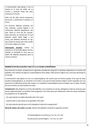33
A continuación cada pareja o trío se
situará en la zona de salida de su
circuito y contarán hasta tres para
comenzar el circuito.
Cada uno de ellos estará compuesto
por 6 aros, 1 colchoneta, 4 cuerdas, y 4
conos.
Los alumnos deberán atravesar los
aros saltando, cuando lleguen a la
colchoneta, deberán desplazarse con
ésta hasta el inicio de las cuerdas.
Éstas formarán un camino por el cual
deberán reptar hasta llegar a los
conos, que deberán atravesar en zig-
zag. Ganará la pareja que antes acabe
el circuito y llegue a la meta.
Información durante: Llamar la
atención si se incumple alguna norma,
redirigir la actividad en caso que se
alejen del objetivo propuesto para la
misma y motivar.
MOMENTO DE RELAJACIÓN, VUELTA A LA CALMA O DESPEDIDA:
Para terminar la sesión, introducimos la siguiente actividad de relajación: El profesor dispondrá en el centro del
pabellón unas tarjetas de pájaros y espantapájaros boca abajo. Cada alumno cogerá una y verá que personaje le
ha tocado.
A continuación cada pájaro se une a un espantapájaros, de manera que se formen parejas. A los que les haya
tocado el espantapájaros, se acostarán en el suelo y a los que les haya tocado el pájaro, harán cosquillas con una
pluma por las diferentes partes del cuerpo a su compañero espantapájaros para conseguir que se relaje. Al cabo
de unos minutos, se intercambian los roles.
Verbalización: Nos dirigimos al centro del pabellón y nos sentamos en círculo, dialogamos sobre las vivencias que
hemos experimentado y el profesor hace preguntas a los niños para que reflexionen sobre las tareas realizadas,
las preguntas son las siguientes:
- ¿En qué estación os habéis divertido más? ¿Por qué?
- ¿Cuál ha sido la que menos os ha gustado? ¿Por qué?
- ¿En qué estación pensáis que se ha trabajado el valor de la cooperación?
Ritual de salida y de vuelta a su aula: Salimos del pabellón cantando la siguiente canción:
“El espantapájaros se marcha ya, ¡rin, ran, rin, ran!
Al aula pronto, pronto llegará… ¡rin, ran, rin, ran!”
 