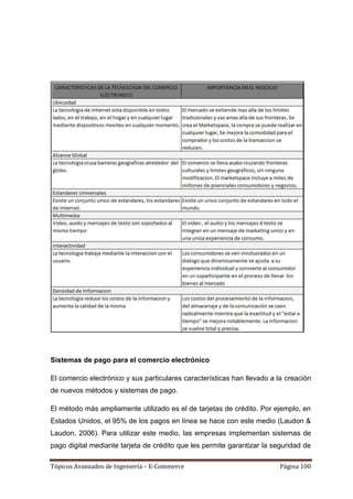 Sistemas de pago para el comercio electrónico

El comercio electrónico y sus particulares características han llevado a la creación
de nuevos métodos y sistemas de pago.

El método más ampliamente utilizado es el de tarjetas de crédito. Por ejemplo, en
Estados Unidos, el 95% de los pagos en línea se hace con este medio (Laudon &
Laudon, 2006). Para utilizar este medio, las empresas implementan sistemas de
pago digital mediante tarjeta de crédito que les permite garantizar la seguridad de

Tópicos Avanzados de Ingeniería – E-Commerce                             Página 100
 