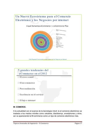 M- COMERCE.

A la actualidad con el avance de la tecnología móvil, la el comercio electrónico se
traslada a los medios móviles como celulares, blackberrys, smartphones y otros;
así va apareciendo la M-commerce como un tipo de comercio electrónico más.


Tópicos Avanzados de Ingeniería – E-Commerce                              Página 17
 