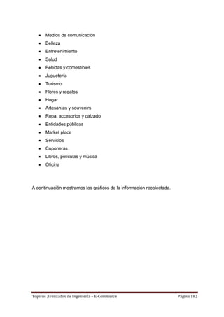 Medios de comunicación
       Belleza
       Entretenimiento
       Salud
       Bebidas y comestibles
       Juguetería
       Turismo
       Flores y regalos
       Hogar
       Artesanías y souvenirs
       Ropa, accesorios y calzado
       Entidades públicas
       Market place
       Servicios
       Cuponeras
       Libros, películas y música
       Oficina




A continuación mostramos los gráficos de la información recolectada.




Tópicos Avanzados de Ingeniería – E-Commerce                           Página 182
 