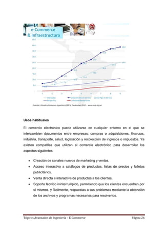Usos habituales

El comercio electrónico puede utilizarse en cualquier entorno en el que se
intercambien documentos entre empresas: compras o adquisiciones, finanzas,
industria, transporte, salud, legislación y recolección de ingresos o impuestos. Ya
existen compañías que utilizan el comercio electrónico para desarrollar los
aspectos siguientes:

       Creación de canales nuevos de marketing y ventas.
       Acceso interactivo a catálogos de productos, listas de precios y folletos
       publicitarios.
       Venta directa e interactiva de productos a los clientes.
       Soporte técnico ininterrumpido, permitiendo que los clientes encuentren por
       sí mismos, y fácilmente, respuestas a sus problemas mediante la obtención
       de los archivos y programas necesarios para resolverlos.




Tópicos Avanzados de Ingeniería – E-Commerce                              Página 26
 