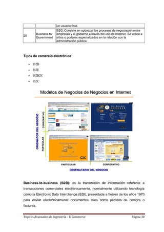 un usuario final.
                       B2G. Consiste en optimizar los procesos de negociación entre
        Business to    empresas y el gobierno a través del uso de Internet. Se aplica a
25
        Government     sitios o portales especializados en la relación con la
                       administración pública.



Tipos de comercio electrónico

      B2B
      B2E
      B2B2C
      B2C




Business-to-business (B2B): es la transmisión de información referente a
transacciones comerciales electrónicamente, normalmente utilizando tecnología
como la Electronic Data Interchange (EDI), presentada a finales de los años 1970
para enviar electrónicamente documentos tales como pedidos de compra o
facturas.


Tópicos Avanzados de Ingeniería – E-Commerce                                   Página 30
 