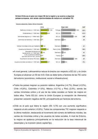 A nivel general, Latinoamérica reduce la brecha con respecto a EE.UU. y la Unión
Europea al alcanzar un ISI de 4,43. Esto se debe tanto a factores de las TIC como
del entorno (económico, institucional, social e infraestructura)


Todos los países mejoran su posición relativa: Argentina (+4,7%), Brasil (+2,5%),
Chile (+5,8%), Colombia (+1,6%), México (+3,1%) y Perú (2,0%), siendo las
ventas minoristas online y el uso de las redes sociales un factor de mejora en
todos ellos. Tanto EE.UU. como la Unión Europea (a excepción de Alemania)
presentan variación negativa del ISI, principalmente por factores del entorno.


Chile es el país que lidera la región (ISI: 5,70) con una aumento significativo
respecto al año anterior (+5,8%). Todos los componentes TIC mejoran respecto a
la última medición, destacando el incremento del número de teléfonos móviles, las
ventas de minoristas online y los usuarios de redes sociales. A nivel de Entorno,
la mejora se apalanca principalmente en la reducción de la tasa interanual de
desempleo y la inversión (stock capital fijo).


Tópicos Avanzados de Ingeniería – E-Commerce                               Página 80
 