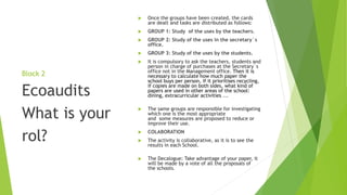 Block 2
 Once the groups have been created, the cards
are dealt and tasks are distributed as follows:
 GROUP 1: Study of the uses by the teachers.
 GROUP 2: Study of the uses in the secretary´s
office.
 GROUP 3: Study of the uses by the students.
 It is compulsory to ask the teachers, students and
person in charge of purchases at the Secretary´s
office not in the Management office. Then it is
necessary to calculate how much paper the
school buys per person, if it prioritises recycling,
if copies are made on both sides, what kind of
papers are used in other areas of the school:
dining, extracurricular activities ...
 The same groups are responsible for investigating
which one is the most appropriate
and some measures are proposed to reduce or
improve their use.
 COLABORATION
 The activity is collaborative, as it is to see the
results in each School.
 The Decalogue: Take advantage of your paper, it
will be made by a vote of all the proposals of
the schools.
Ecoaudits
What is your
rol?
 