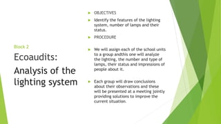 Block 2
 OBJECTIVES
 Identify the features of the lighting
system, number of lamps and their
status.
 PROCEDURE
 We will assign each of the school units
to a group andthis one will analyze
the lighting, the number and type of
lamps, their status and impressions of
people about it.
 Each group will draw conclusions
about their observations and these
will be presented at a meeting jointly
providing solutions to improve the
current situation.
Ecoaudits:
Analysis of the
lighting system
 