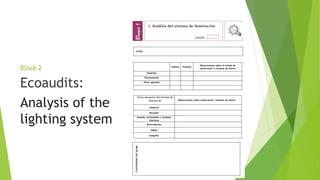 Block 2
Ecoaudits:
Analysis of the
lighting system
 