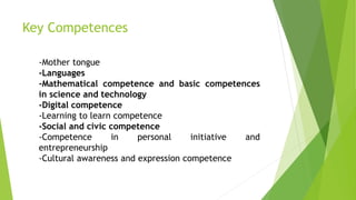 Key Competences
-Mother tongue
-Languages
-Mathematical competence and basic competences
in science and technology
-Digital competence
-Learning to learn competence
-Social and civic competence
-Competence in personal initiative and
entrepreneurship
-Cultural awareness and expression competence
 