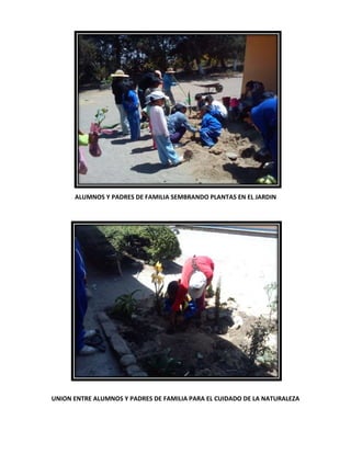 ALUMNOS Y PADRES DE FAMILIA SEMBRANDO PLANTAS EN EL JARDIN
UNION ENTRE ALUMNOS Y PADRES DE FAMILIA PARA EL CUIDADO DE LA NATURALEZA
 