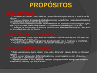 PROPÓSITOS
EN LA ESCUELA:
   * Los maestros tomen en cuenta todos los campos formativos para adecuar la enseñanza del
  alumno.
   * Favorecer mediante diversas actividades las distintas competencias y aspectos enfocados al
  campo formativo de conocimiento del mundo.
   * Revisar continuamente los avances y habilidades que los alumnos han adquirido para lograr
  que conozcan mejor su entorno y tener un concepto más amplio del medio donde vive.
   * La planeación de los maestros tiene que estar enfocada a las necesidades de los niños y así
  su aprendizaje sea más significativo


EN EL ÓRGANO COLEGIADO:
   * Los docentes se comprometan a aprovechar el tiempo efectivo en la jornada de trabajo con
  actividades que generen un reto.
   * Promover entre los docentes programas de actualización para la mejora de la enseñanza.
   * Propiciar entre profesores y alumnos una relación de respeto y confianza.

CON LOS PADRES DE FAMILIA:
    * Debe propiciarse una buena relación entre padres de familia y escuela donde prevalezca el
  respeto.
    * Dar a conocer a los padres de familia los planes y programas para que con ello puedan
  integrarse en la participación educativa.
    * Realizar reuniones al inicio, mediados y final de ciclo para informar a los padres de familia
  sobre las dificultades y logros de sus hijos.
 