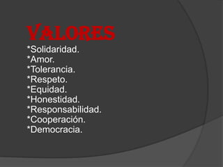 VALORES
*Solidaridad.
*Amor.
*Tolerancia.
*Respeto.
*Equidad.
*Honestidad.
*Responsabilidad.
*Cooperación.
*Democracia.
 